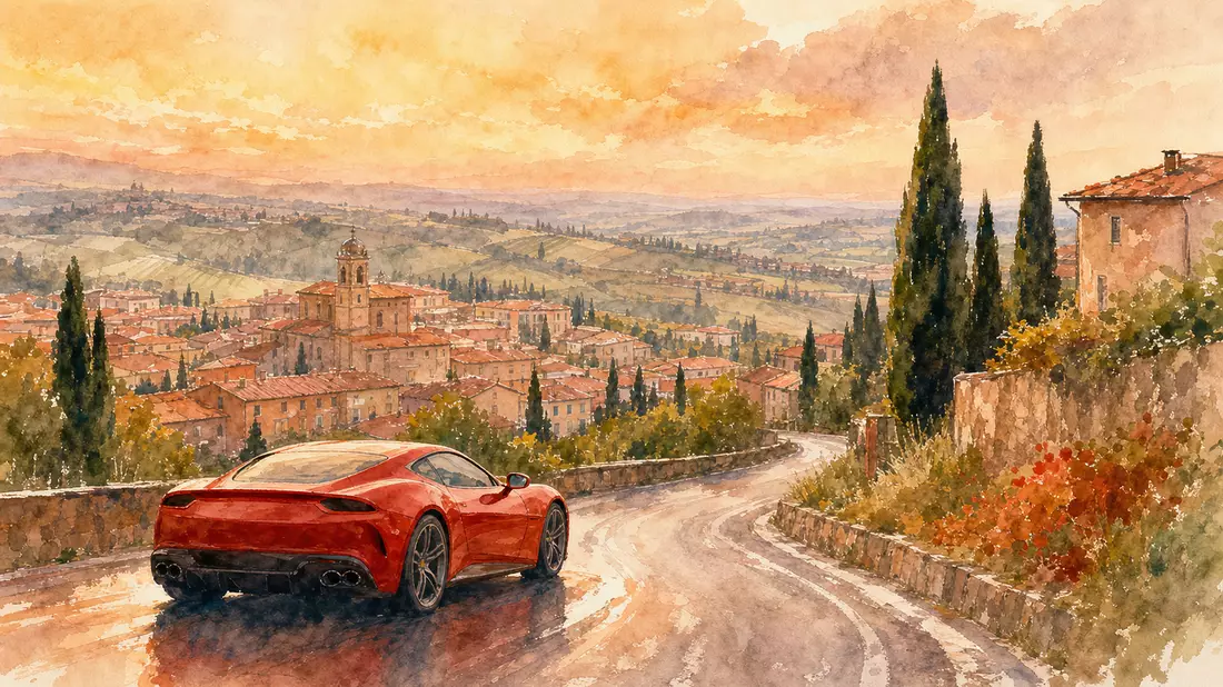 Aquarell-Illustration: Roter Sportwagen auf kurvenreicher Straße, italienische Hügellandschaft, Ferrari N.V