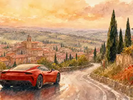 Ferrari N.V. NL0011585146: Aquarell eines roten Sportwagens auf gewundener Straße durch toskanische Hügel - Foto: THN