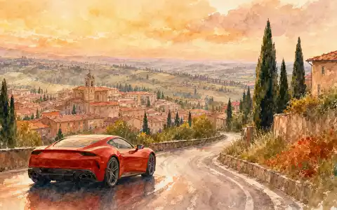 Ferrari N.V. NL0011585146: Aquarell eines roten Sportwagens auf gewundener Straße durch toskanische Hügel - Foto: THN