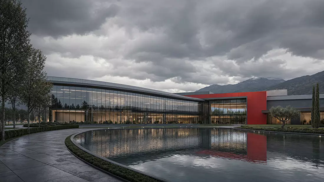 Modernes Automobilwerk-Headquarter mit Glasfassade und Reflexionsteich, Ferrari N.V. Architektur-Render