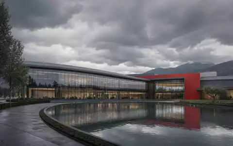 Ferrari N.V. NL0011585146: Architektur-Render des modernen Luxussportwagen-Hauptquartiers mit Glasfassade, Teich und Bergen - Foto: THN