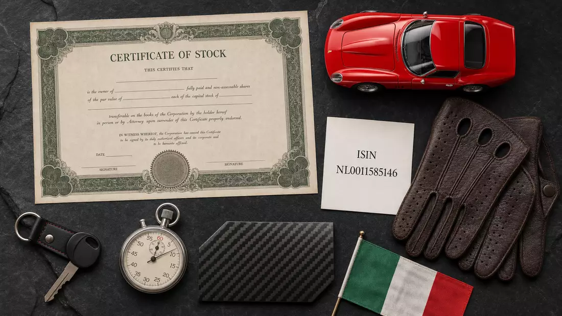 Flatlay: Aktienzertifikat, ISIN NL0011585146-Karte, rotes Sportwagen-Modell und Fahrhandschuhe