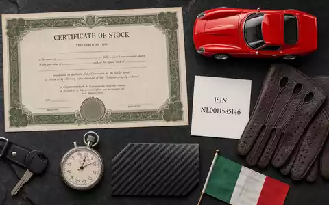 Ferrari N.V. NL0011585146: Flatlay mit Aktienzertifikat, ISIN-Karte, rotem Sportwagen-Modell sowie Stoppuhr und Fahrhandschuhen - Foto: THN