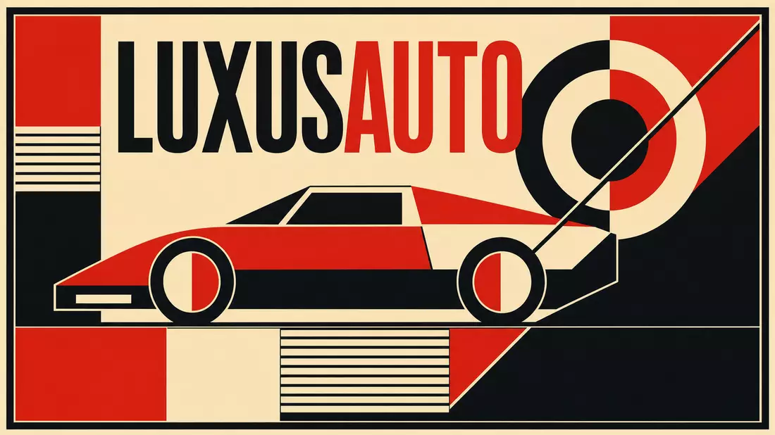 Bauhaus-Grafik: geometrische Sportwagen-Silhouette mit LUXUSAUTO-Schrift, rot-schwarz-creme Palette