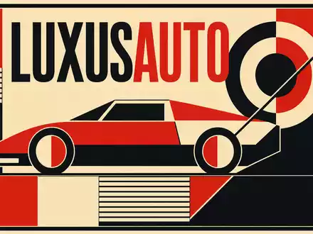 Ferrari N.V. NL0011585146: Bauhaus-Poster mit geometrischer Sportwagen-Silhouette und dem Text LUXUSAUTO in Rot-Schwarz - Foto: THN