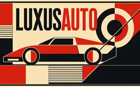 Ferrari N.V. NL0011585146: Bauhaus-Poster mit geometrischer Sportwagen-Silhouette und dem Text LUXUSAUTO in Rot-Schwarz - Foto: THN