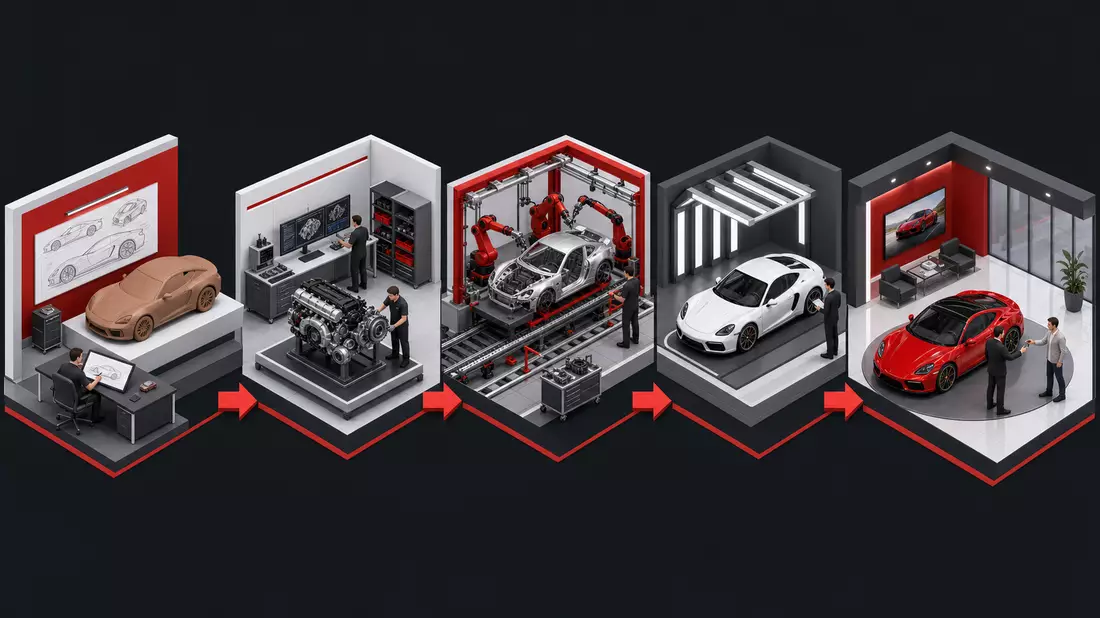Isometrisches 3D-Diagramm: Luxussportwagen-Wertschöpfung von Design bis Showroom-Übergabe