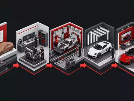 Ferrari N.V. NL0011585146: Isometrische 3D-Darstellung der Wertschöpfungskette vom Design bis zur finalen Auslieferung - Foto: THN