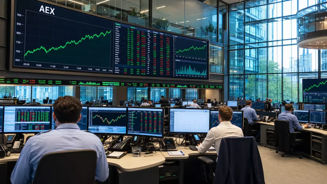 Handelssaal mit AEX-Kursanzeige und Börsenhändlern, Euronext Amsterdam, Ferrari N.V. NL0011585146