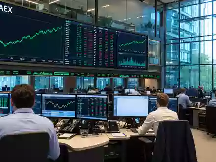 Ferrari N.V. NL0011585146: Handelssaal der Euronext Amsterdam mit AEX-Index-Charts auf großen Videowänden und Händlern - Foto: THN