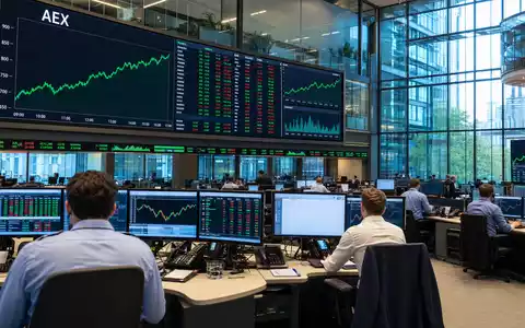 Ferrari N.V. NL0011585146: Handelssaal der Euronext Amsterdam mit AEX-Index-Charts auf großen Videowänden und Händlern - Foto: THN