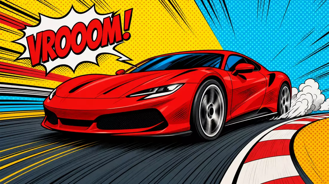 Pop-Art-Comic: Rasanter roter Sportwagen mit VROOOM-Sprechblase und Lichtenstein-Halbtonraster