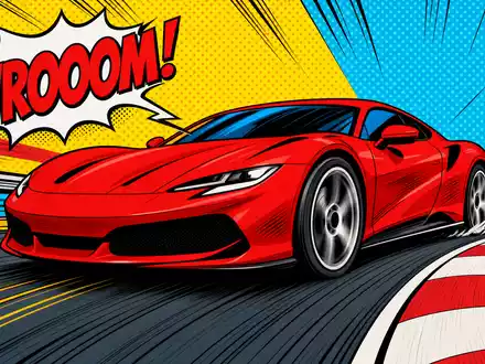 Ferrari N.V. NL0011585146: Pop-Art-Comic zeigt rasanten roten Sportwagen mit Halbtonraster und bunter VROOOM-Sprechblase - Foto: THN