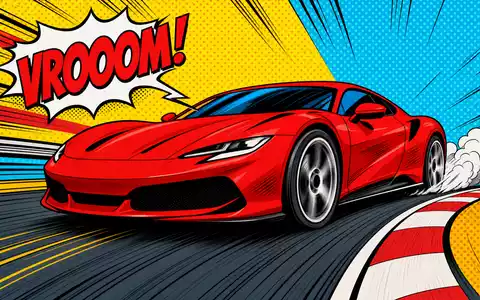 Ferrari N.V. NL0011585146: Pop-Art-Comic zeigt rasanten roten Sportwagen mit Halbtonraster und bunter VROOOM-Sprechblase - Foto: THN