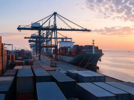 A.P. Møller - Mærsk A/S DK0010244508 zeigt Containerhafen bei Sonnenaufgang mit Kränen und Frachtschiff - Foto: THN