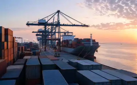 A.P. Møller - Mærsk A/S DK0010244508 zeigt Containerhafen bei Sonnenaufgang mit Kränen und Frachtschiff - Foto: THN