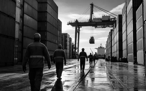 A.P. Møller - Mærsk A/S DK0010244508 schwarzweiße Reportage Hafenarbeiter zwischen Containerstapeln unter großem Verladekran - Foto: THN