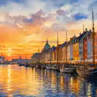 A.P. Møller - Mærsk A/S DK0010244508 Aquarell-Gemälde Kopenhagener Hafen Nyhavn Häuser Kräne Abenddämmerung-Panorama - Foto: THN