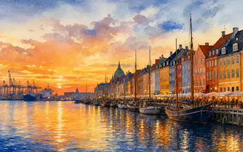 A.P. Møller - Mærsk A/S DK0010244508 Aquarell-Gemälde Kopenhagener Hafen Nyhavn Häuser Kräne Abenddämmerung-Panorama - Foto: THN