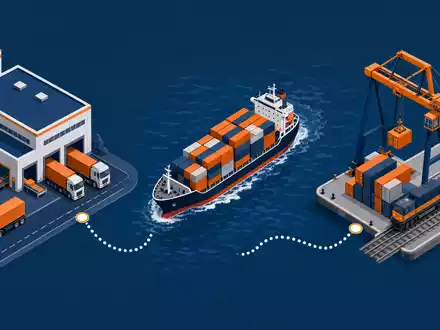 A.P. Møller - Mærsk A/S DK0010244508 isometrische 3D-Darstellung globale Logistikkette Lager Frachtschiff Bahnhof drei Stufen - Foto: THN