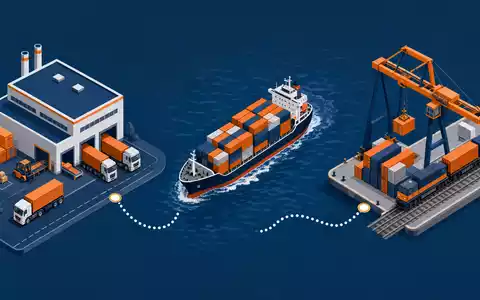 A.P. Møller - Mærsk A/S DK0010244508 isometrische 3D-Darstellung globale Logistikkette Lager Frachtschiff Bahnhof drei Stufen - Foto: THN