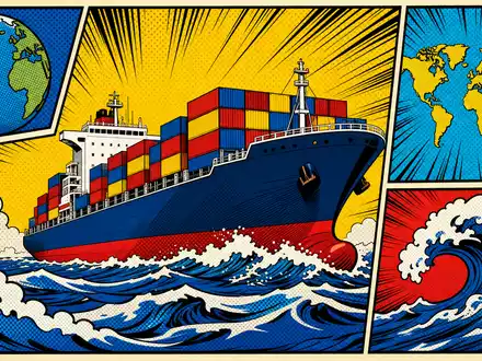 A.P. Møller - Mærsk A/S DK0010244508 Pop-Art-Comic stilisiertes Frachtschiff auf Meereswellen bunte Container Halbton-Rastermuster - Foto: THN