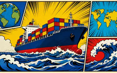 A.P. Møller - Mærsk A/S DK0010244508 Pop-Art-Comic stilisiertes Frachtschiff auf Meereswellen bunte Container Halbton-Rastermuster - Foto: THN