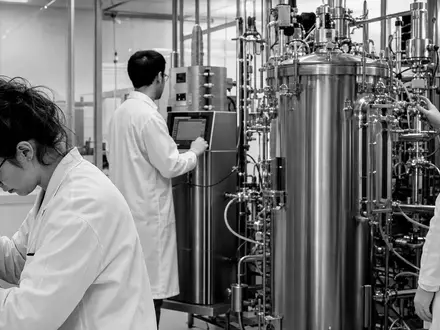 Dokumentarische Schwarzweiss-Reportage zeigt Laboralltag bei Novonesis (Novozymes), ISIN DK0060336014, mit Forschern an industriellen Enzym-Anlagen - Foto: THN
