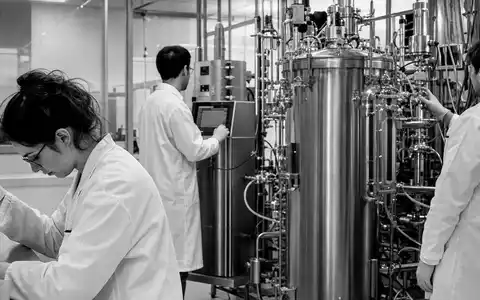 Dokumentarische Schwarzweiss-Reportage zeigt Laboralltag bei Novonesis (Novozymes), ISIN DK0060336014, mit Forschern an industriellen Enzym-Anlagen - Foto: THN