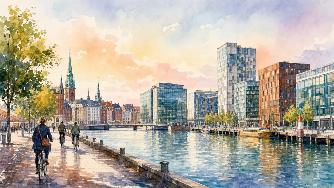 Aquarell einer daenischen Kuestenstadt mit modernen Buerogebaeuden am Wasser