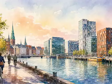 Aquarellmalerei des Kopenhagener Hauptsitzes von Novonesis (Novozymes), ISIN DK0060336014, zeigt daenische Kuestenlandschaft mit weichen Wasserfarben - Foto: THN