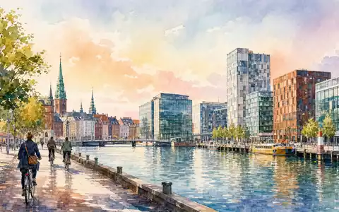 Aquarellmalerei des Kopenhagener Hauptsitzes von Novonesis (Novozymes), ISIN DK0060336014, zeigt daenische Kuestenlandschaft mit weichen Wasserfarben - Foto: THN