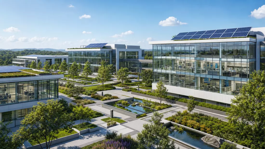 Architekturrender eines Forschungscampus mit Glasfassade und Gruenflaechen