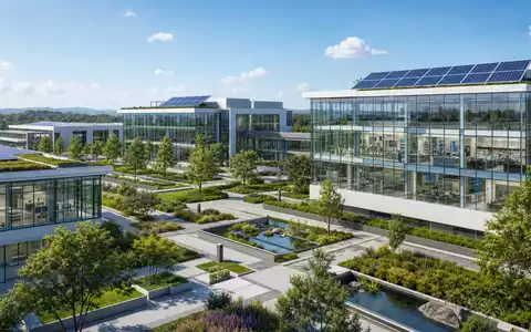 Architektur-Rendering eines modernen Biotech-Forschungsgebaeudes von Novonesis (Novozymes), ISIN DK0060336014, mit Glasfassade und nachhaltigem Campus-Design - Foto: THN