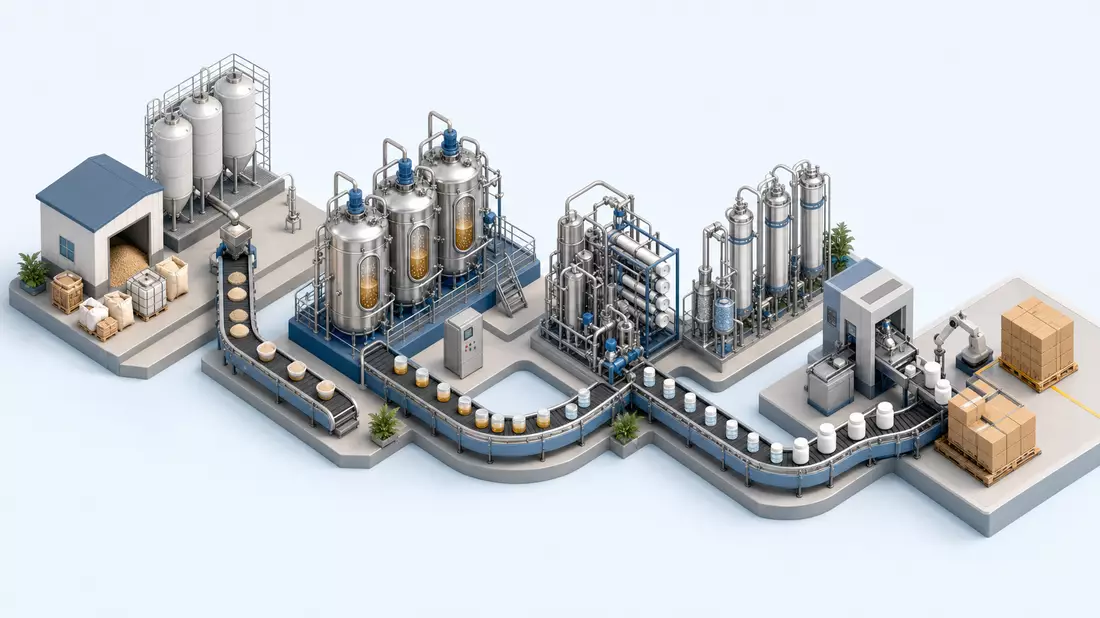 Isometrische 3D-Grafik der Produktionskette industrieller Enzyme