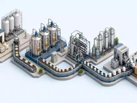 Isometrische 3D-Grafik zeigt Wertschoepfungskette industrieller Enzyme von Novonesis (Novozymes), ISIN DK0060336014, vom Rohstoff zum Endprodukt - Foto: THN
