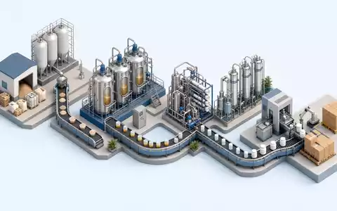 Isometrische 3D-Grafik zeigt Wertschoepfungskette industrieller Enzyme von Novonesis (Novozymes), ISIN DK0060336014, vom Rohstoff zum Endprodukt - Foto: THN