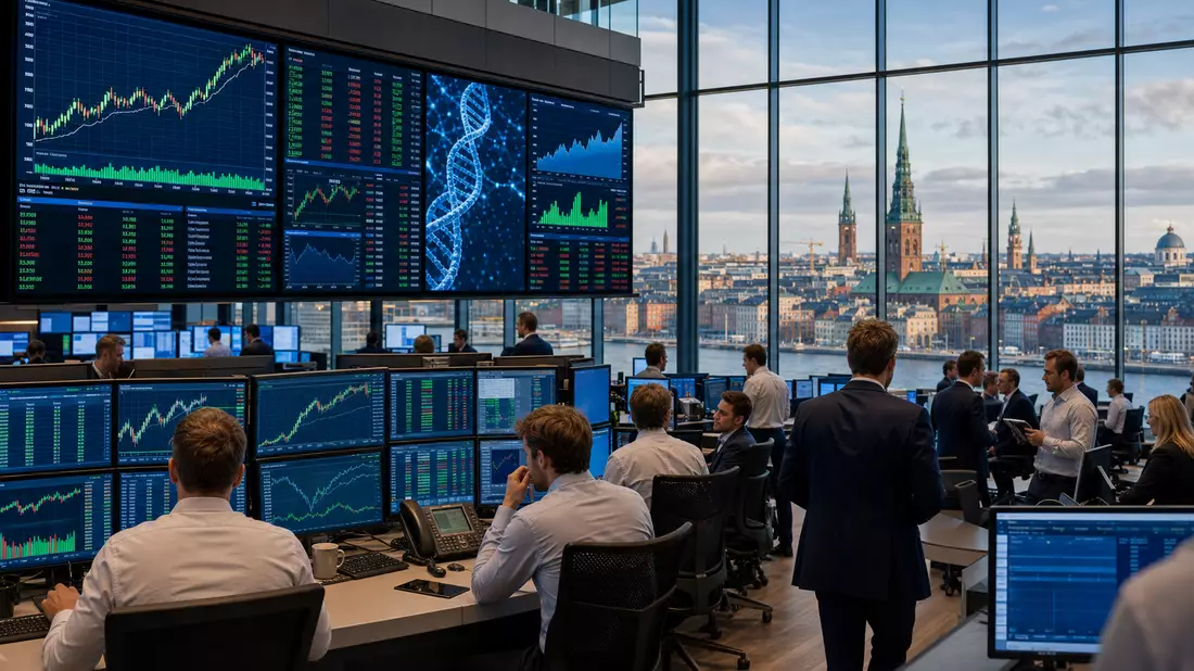 Editorial-Foto eines Handelsraums mit Kursbildschirmen und Branchencharts
