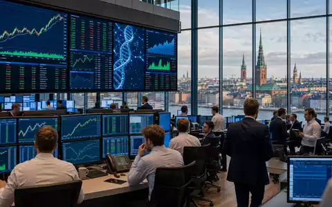 Boersen-Editorial mit Handelsraum in Kopenhagen illustriert Notierung von Novonesis (Novozymes), ISIN DK0060336014, am Aktienmarkt - Foto: THN