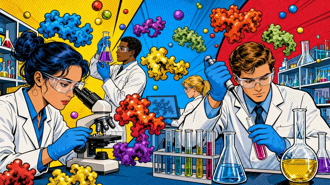 Pop-Art-Comic-Szene mit Laborfiguren und stilisierten Enzymstrukturen