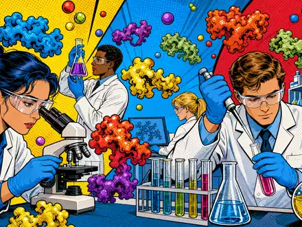 Pop-Art-Comic-Szene mit stilisierten Laborfiguren und bunten Enzymstrukturen feiert Innovationskraft von Novonesis (Novozymes), ISIN DK0060336014, farbenfroh - Foto: THN