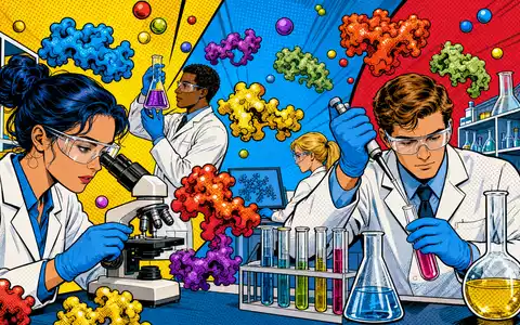 Pop-Art-Comic-Szene mit stilisierten Laborfiguren und bunten Enzymstrukturen feiert Innovationskraft von Novonesis (Novozymes), ISIN DK0060336014, farbenfroh - Foto: THN