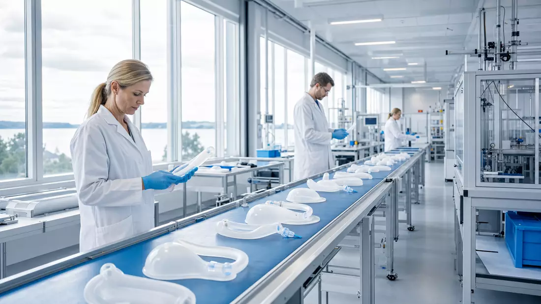 Reinraum-Produktion medizinischer Versorgungsprodukte in heller Fertigungshalle