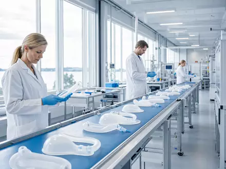 Coloplast A/S (DK0060448595) zeigt hier moderne sterile Produktion medizinischer Versorgungsprodukte in heller Fertigungshalle - Foto: THN