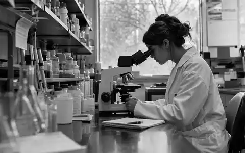 Coloplast A/S (DK0060448595) inspiriert diese dokumentarische Schwarzweiß-Aufnahme eines konzentrierten Forschungslabors mit Wissenschaftlerin am Mikroskop - Foto: THN