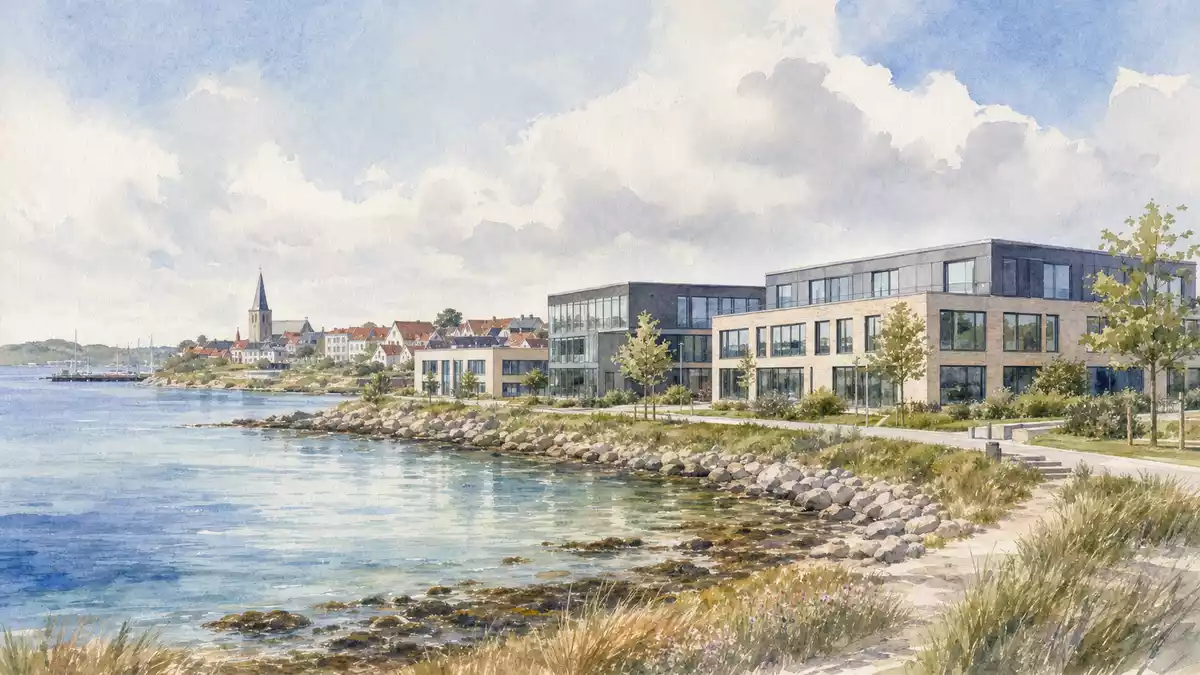 Aquarellmalerei einer dänischen Küstenstadt mit modernen Bürogebäuden am Wasser