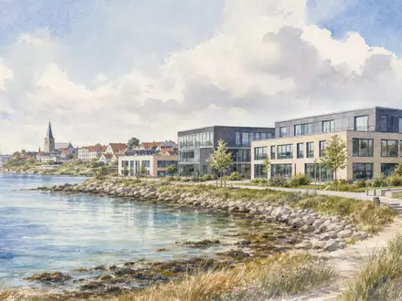 Coloplast A/S (DK0060448595) hat Sitz nahe Humlebæk, gezeigt als Aquarell einer ruhigen dänischen Küstenstadt - Foto: THN