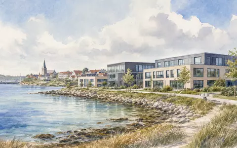 Coloplast A/S (DK0060448595) hat Sitz nahe Humlebæk, gezeigt als Aquarell einer ruhigen dänischen Küstenstadt - Foto: THN