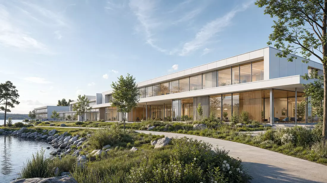 Architektur-Rendering eines modernen Gesundheitscampus mit Glasfassade am Wasser