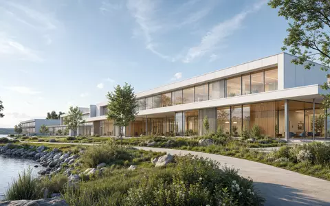 Coloplast A/S (DK0060448595) inspiriert diesen Architektur-Render eines modernen Gesundheitscampus direkt am ruhigen Wasser gelegen - Foto: THN